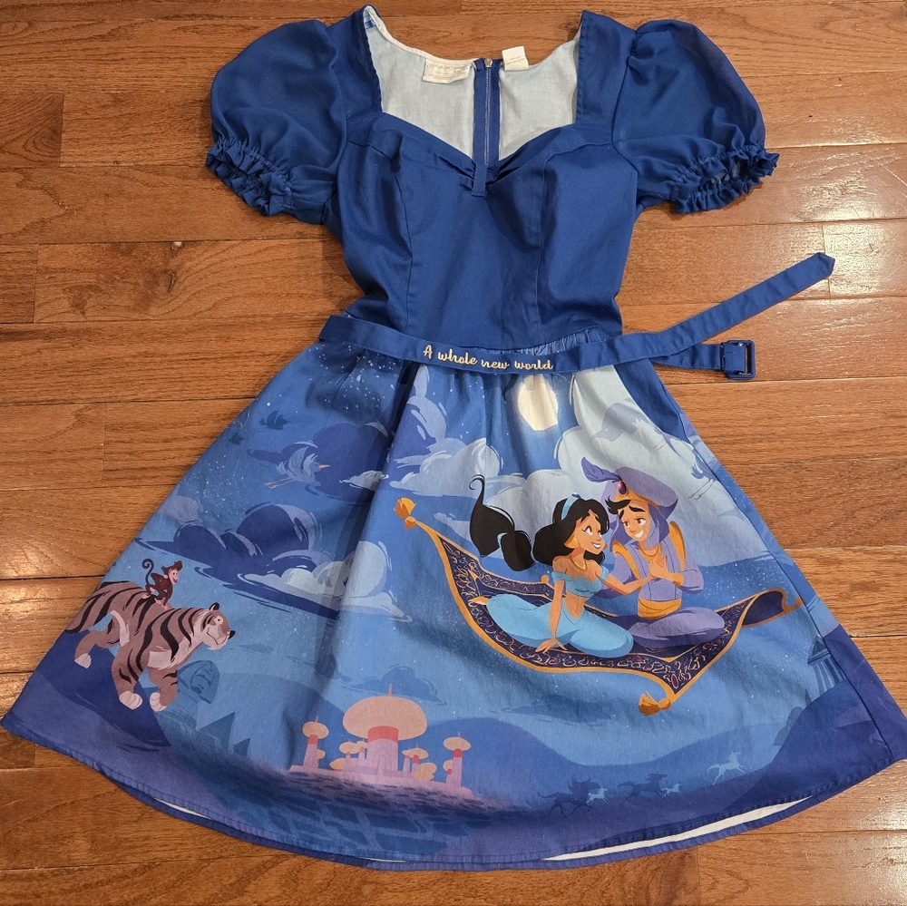 Loungefly Aladdin Print Blue Puff Sleeve Dress